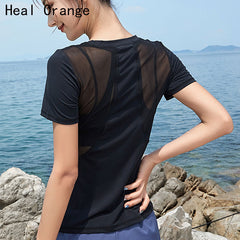 Quick Dry Mesh Splice Female Sport Top Jersey Woman T-shirt Crop Top Yoga Gym Fitness Sport  Running Training Clothes for Womem