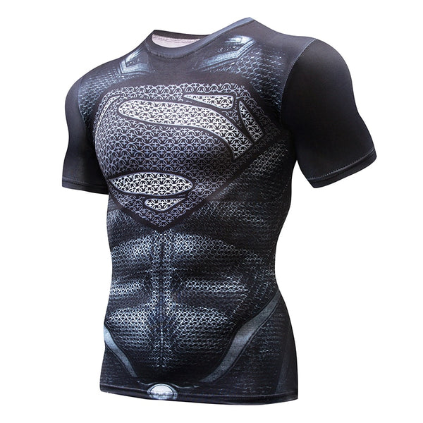 Superman Print Men's Compression Shirt Batman Slim Tights Cycling Base Level Gym Jersey Fitness Sports Underwear Apparel MMA