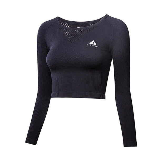 BINAND Crop Top Round Collar Long Sleeve Sports Shirt Women Breathable Athleisure Running Workout Training Gym Yoga Pollover