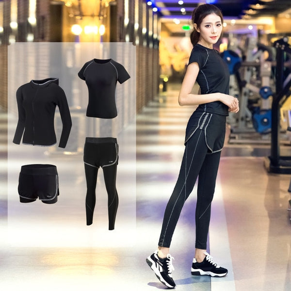 Women's Yoga Fitness Gym Sports Apparel 4pcs/lot Set Running Jogging T-shirt + Pants+Bra+Shorts Leggings Tights Yoga Sport Suits